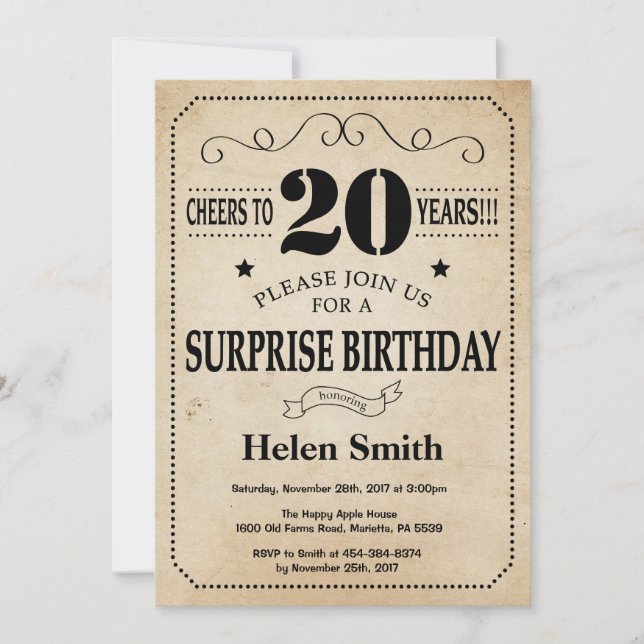 Invitación Sorpresa 20.º retro de cosecha rústica de cumpleañ (Anverso)