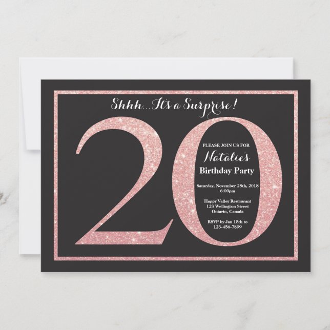 Invitación Sorpresa 20.º Rosa de cumpleaños Purpurina de oro  (Anverso)