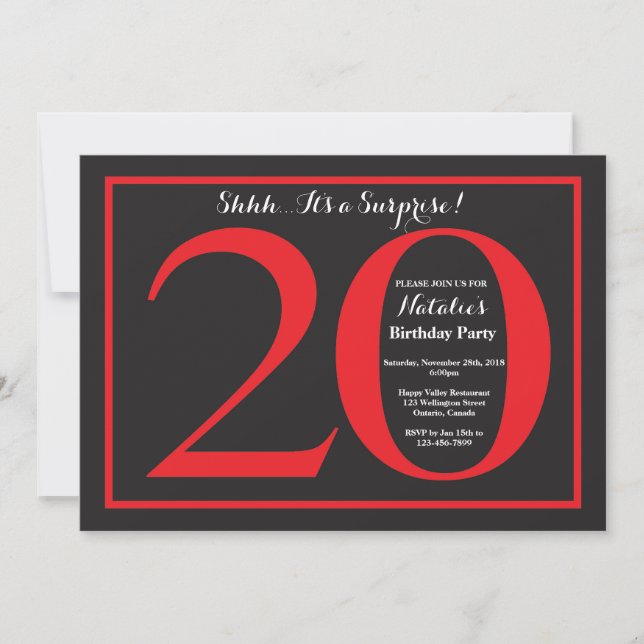 Invitación Sorpresa 20.º tablero rojo y negro de cumpleaños (Anverso)
