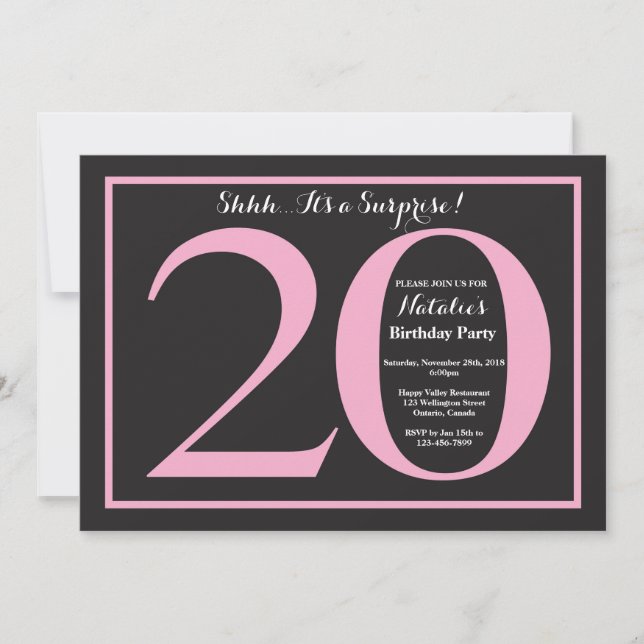 Invitación Sorpresa 20.º tablero rosa y negro de cumpleaños (Anverso)