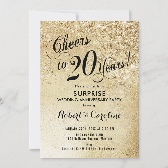 Invitación Sorpresa 20° aniversario Boda - Oro (Anverso)