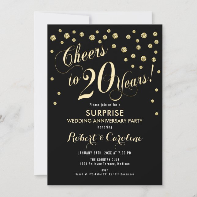 Invitación Sorpresa 20 Aniversario de Boda - Negro y Dorado (Anverso)