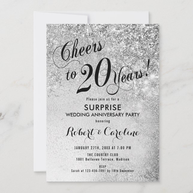 Invitación Sorpresa 20 Aniversario de Boda - Plata (Anverso)