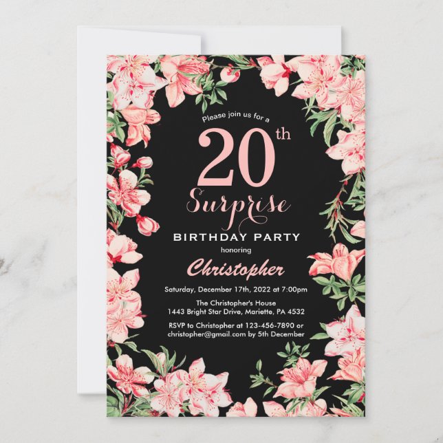 Invitación Sorpresa 20 años Flores Florales Rosadas Negro (Anverso)