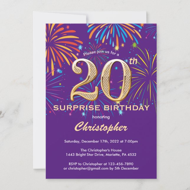 Invitación Sorpresa 20 años Purple and Gold Firework (Anverso)