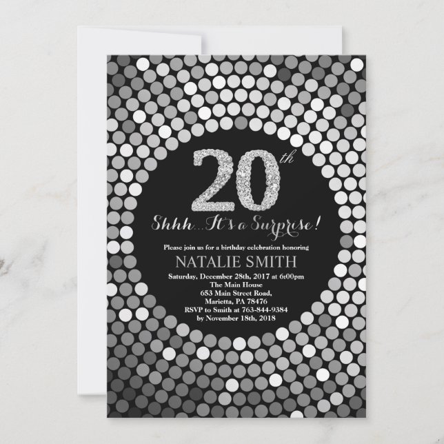 Invitación Sorpresa 20 años Purpurina negro y plateado (Anverso)