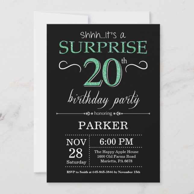 Invitación Sorpresa 20 años Purpurina negro y verde (Anverso)