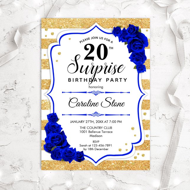 Invitación Sorpresa 20 cumpleaños - Azul real blanco dorado (Subido por el creador)