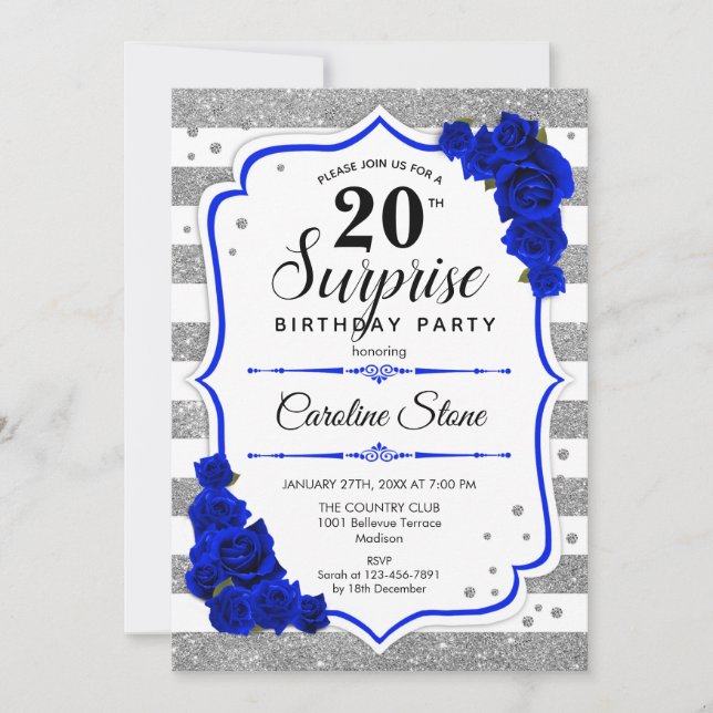 Invitación Sorpresa 20 cumpleaños - Azul real blanco plateado (Anverso)