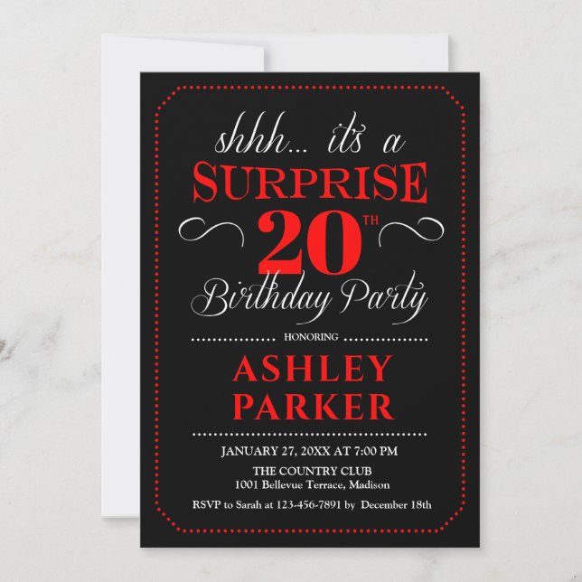 Invitación Sorpresa 20° cumpleaños - Blanco Rojo negro (Anverso)