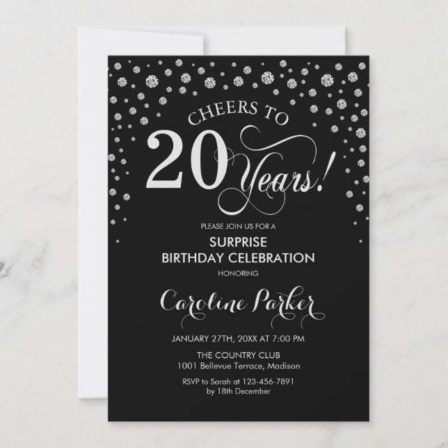 Invitación Sorpresa 20° cumpleaños fiesta - Plata negra (Anverso)
