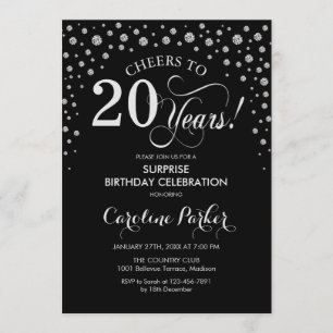 Invitación Sorpresa 20° cumpleaños fiesta - Plata negra