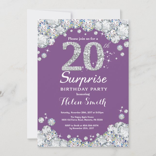 Invitación Sorpresa 20 cumpleaños morado y diamante plateado (Anverso)