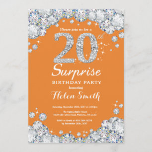 Invitación Sorpresa 20 cumpleaños Naranja y diamante plateado