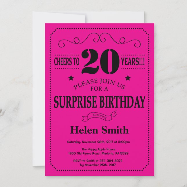 Invitación Sorpresa 20 cumpleaños negro y rosa caliente (Anverso)