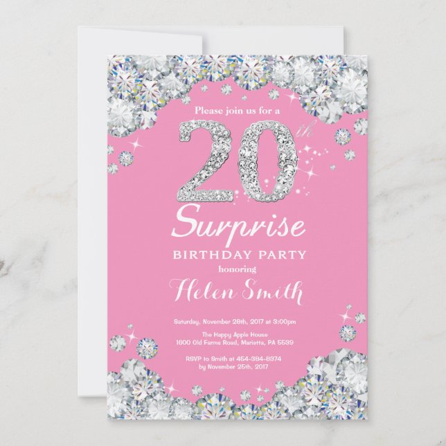 Invitación Sorpresa 20 cumpleaños PInk y diamante plateado (Anverso)