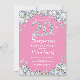 Invitación Sorpresa 20 cumpleaños PInk y diamante plateado