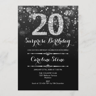 Invitación Sorpresa 20 cumpleaños - Plata negra