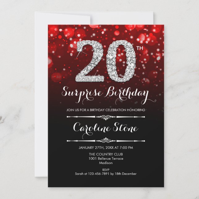 Invitación Sorpresa 20 cumpleaños - Plata roja negra (Anverso)