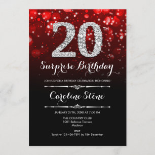 Invitación Sorpresa 20 cumpleaños - Plata roja negra