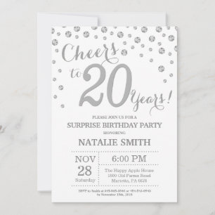 Invitación Sorpresa 20 cumpleaños Purpurina Plata Diamante