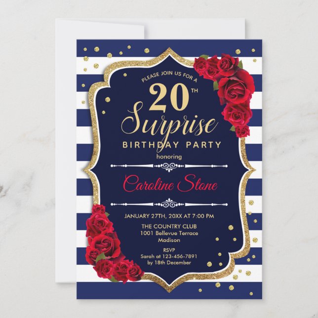 Invitación Sorpresa 20 cumpleaños - Rojo blanco de la marina (Anverso)