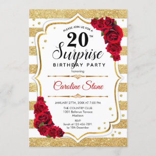 Invitación Sorpresa 20 cumpleaños - Rojo blanco dorado