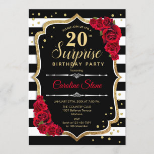 Invitación Sorpresa 20 cumpleaños - Rojo blanco negro