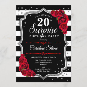 Invitación Sorpresa 20 cumpleaños - Rojo blanco negro