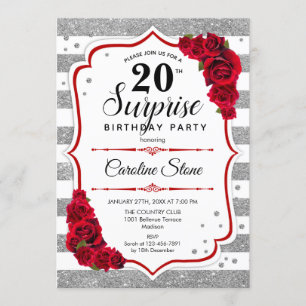 Invitación Sorpresa 20 cumpleaños - rojo blanco plateado