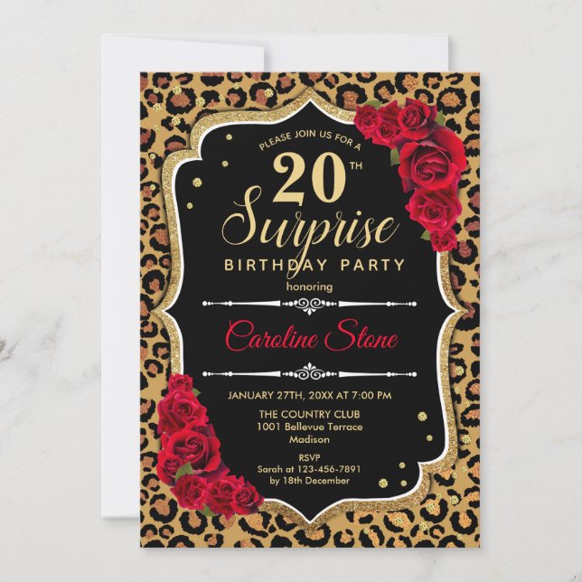 Invitación Sorpresa 20 cumpleaños - Rojo de oro negro de leop (Anverso)