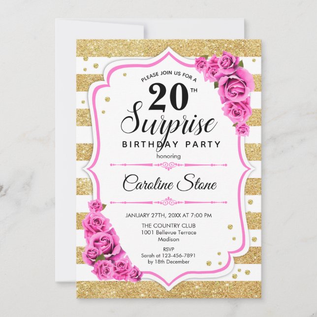 Invitación Sorpresa 20 cumpleaños - Rosa blanco dorado (Anverso)