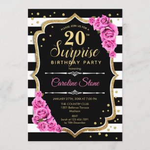 Invitación Sorpresa 20 cumpleaños - Rosa blanco negro