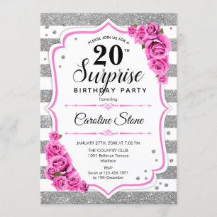 Invitación Sorpresa 20 cumpleaños - Rosa blanco plateado