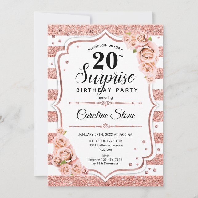 Invitación Sorpresa 20 cumpleaños - Rosa blanco Rosa de oro (Anverso)