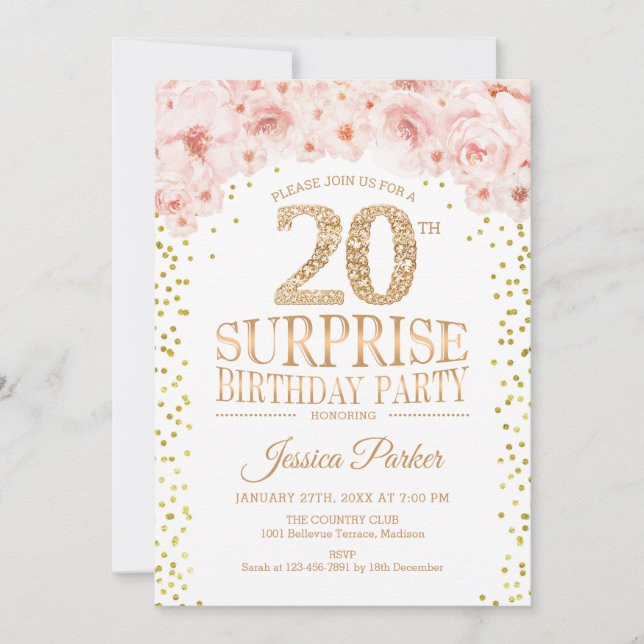 Invitación Sorpresa 20° cumpleaños - Rosa de Oro Blanco (Anverso)