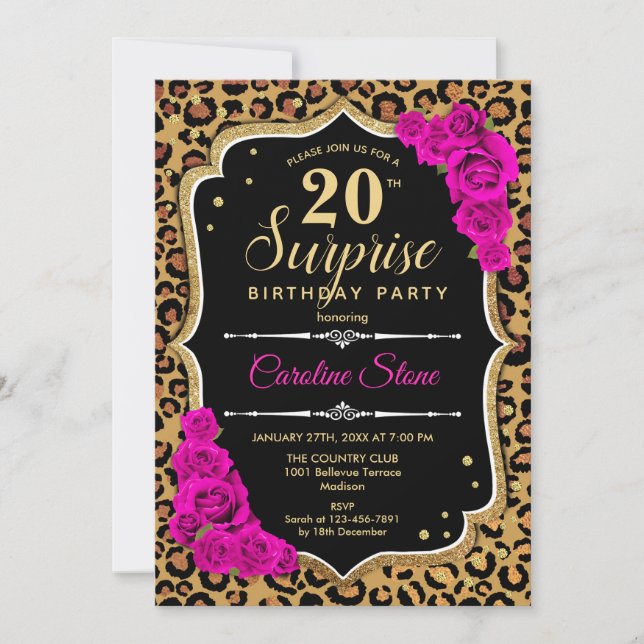 Invitación Sorpresa 20 cumpleaños - Rosado de oro negro del l (Anverso)