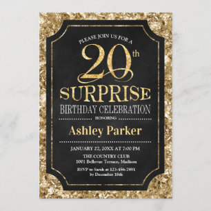 Invitación Sorpresa 20° fiesta de cumpleaños - Negro de oro