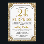 Invitación Sorpresa 21ª Fiesta de cumpleaños - Blanco de oro<br><div class="desc">Invitación a la celebración del 21º cumpleaños sorpresa. Elegante diseño elegante en tonos blanco y purpurina. Presenta una fuente de script elegante. Mándame un mensaje si necesitas más personalización.</div>