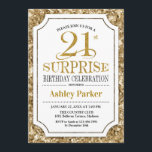 Invitación Sorpresa 21ª Fiesta de cumpleaños - Blanco de oro<br><div class="desc">Invitación a la celebración del 21º cumpleaños sorpresa. Elegante diseño elegante en tonos blanco y purpurina. Presenta una fuente de script elegante. Mándame un mensaje si necesitas más personalización.</div>
