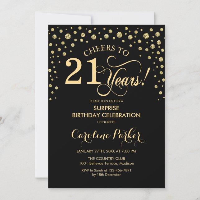 Invitación Sorpresa 21ª Fiesta de cumpleaños - Negro de oro (Anverso)