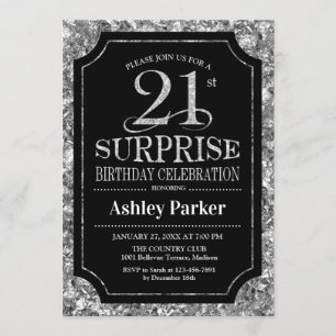 Invitación Sorpresa 21ª Fiesta de cumpleaños - negro plateado