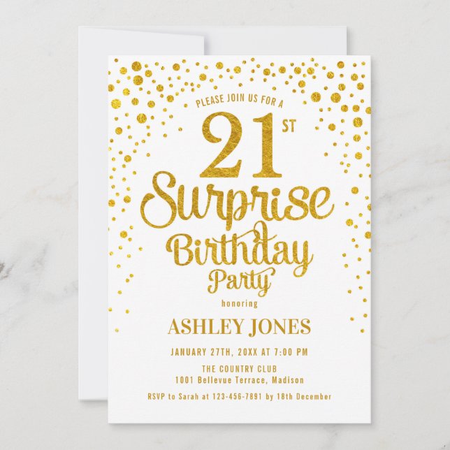 Invitación Sorpresa 21ª Fiesta de cumpleaños - Oro y Blanco (Anverso)