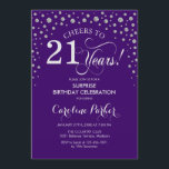 Invitación Sorpresa 21ª Fiesta de cumpleaños - Plata morada<br><div class="desc">Sorpresa 21ª Invitación de fiesta de cumpleaños. Elegante diseño en color púrpura y falso purpurina plateado. Presenta el tipo de letra de guión y los diamantes confetti. ¡Salud a 21 años! Mándame un mensaje si necesitas más personalización.</div>