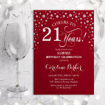 Invitación Sorpresa 21ª Fiesta de cumpleaños - Plata roja<br><div class="desc">Sorpresa 21ª Invitación de fiesta de cumpleaños. Elegante diseño en rojo oscuro y purpurina falso plateado. Presenta el tipo de letra de guión y los diamantes confetti. ¡Salud a 21 años! Mándame un mensaje si necesitas más personalización.</div>