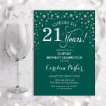 Invitación Sorpresa 21ª Fiesta de cumpleaños - Plata verde<br><div class="desc">Sorpresa 21ª Invitación de fiesta de cumpleaños. Elegante diseño en verde esmeralda y falsa plata purpurina. Presenta el tipo de letra de guión y los diamantes confetti. ¡Salud a 21 años! Mándame un mensaje si necesitas más personalización.</div>