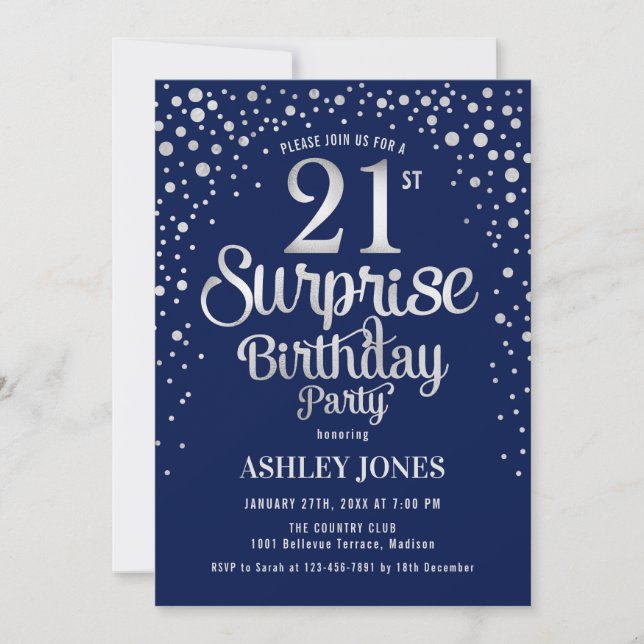 Invitación Sorpresa 21ª Fiesta de cumpleaños - Plata y Azul m (Anverso)