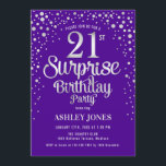 Invitación Sorpresa 21ª Fiesta de cumpleaños - Plata y Púrpur<br><div class="desc">Sorpresa 21ª Invitación de fiesta de cumpleaños. Elegante diseño en púrpura real y purpurina de plata falsa. Presenta un diseño elegante de tipo de letra y letra de guión. Mándame un mensaje si necesitas edad personalizado.</div>