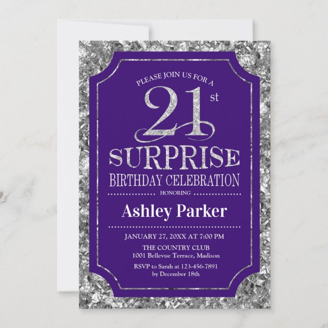 Invitación Sorpresa 21ª Fiesta de cumpleaños - Púrpura platea (Anverso)
