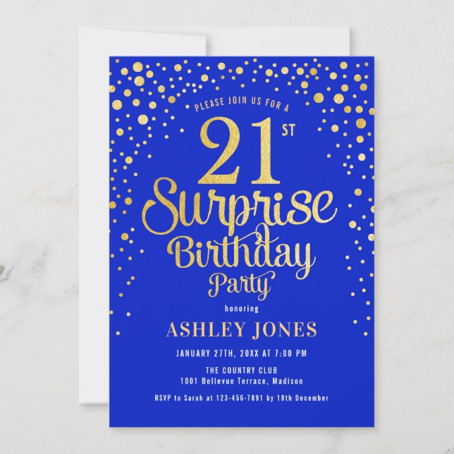 Invitación Sorpresa 21ª Fiesta de cumpleaños - Royal Blue & G (Anverso)